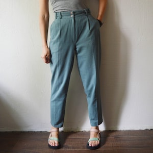 80s dusty teal high waist peg leg tapered cotton and linen pants trousers - medium