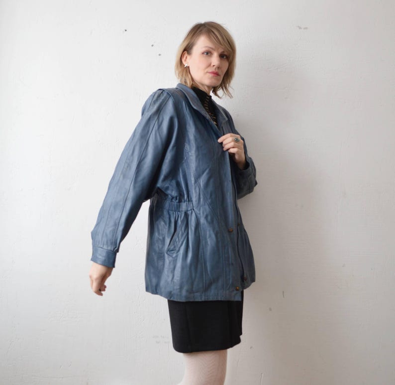 80s slouch distressed blue leather jacket - M image 4