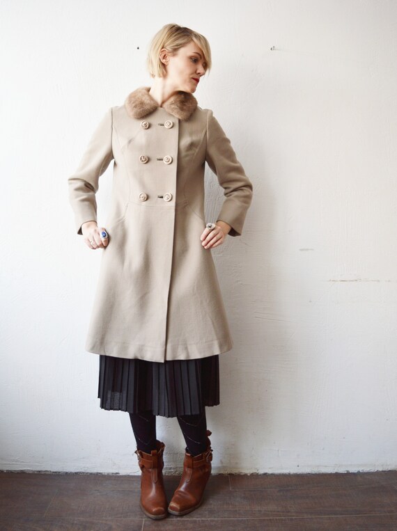 60s Mod Beige Wool Double Breasted Winter Coat. Princess Coat With
