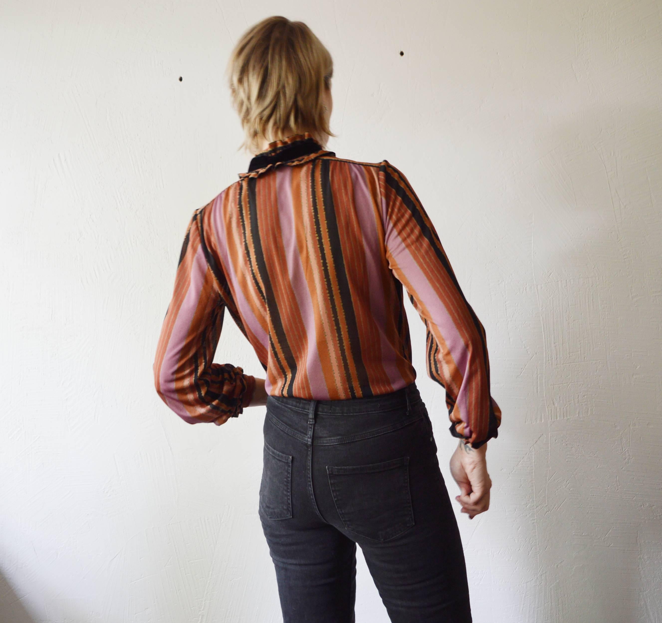 70s Victorian Revival Striped Ruffle Neck Blouse With Velvet Ties ...