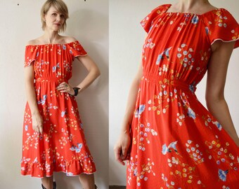 70s red floral boho on or off shoulder midi dress - XS