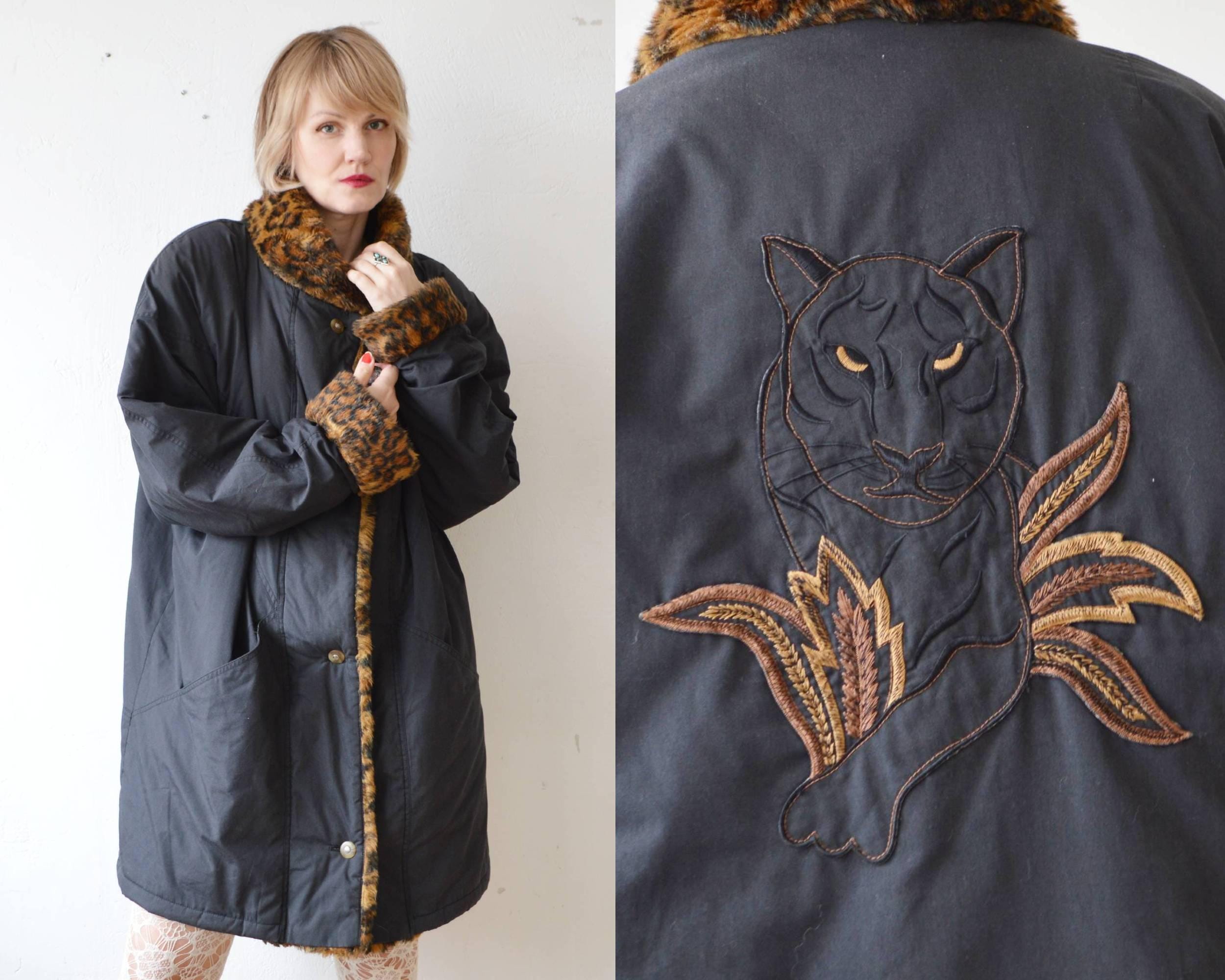 80's 90's vintage オーバーサイズ ファーコート ジャケット 80年代、90年代風のオーバーサイズコート（フェイクヒョウ柄ファーと猫