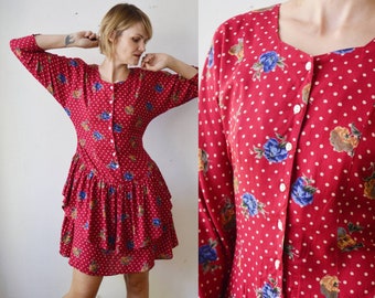 90s tiered red polka dot and flower print long sleeve mini dress - medium