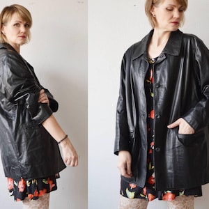 90s smooth black leather jacket. boxy oversized leather jacket - unisex - large