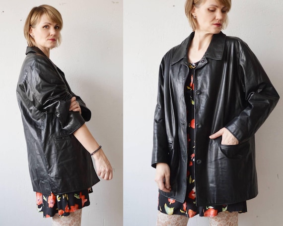 90s Boxy Oversized Black Leather Jacket - Unisex - L - Etsy UK