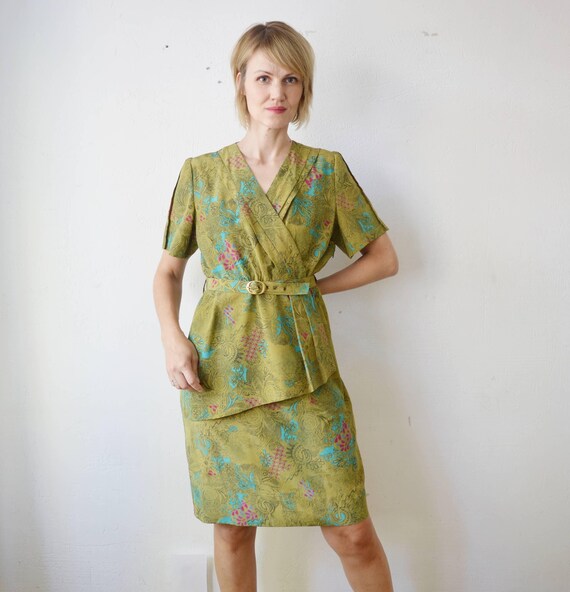 80s khaki patterned belted secretary tulip knee length dress - large