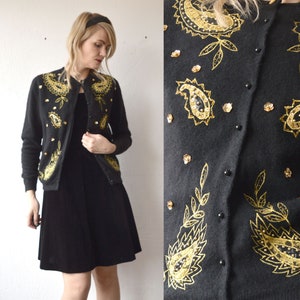 80s black soft mohair wool cardigan with gold sequin embroidered appliques - small