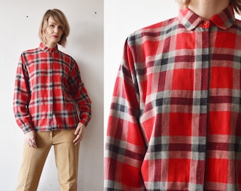 90er Jahre H&M rot kariertes Baumwoll Frauen Oxford Hemd. Flanell Grunge Shirt - medium