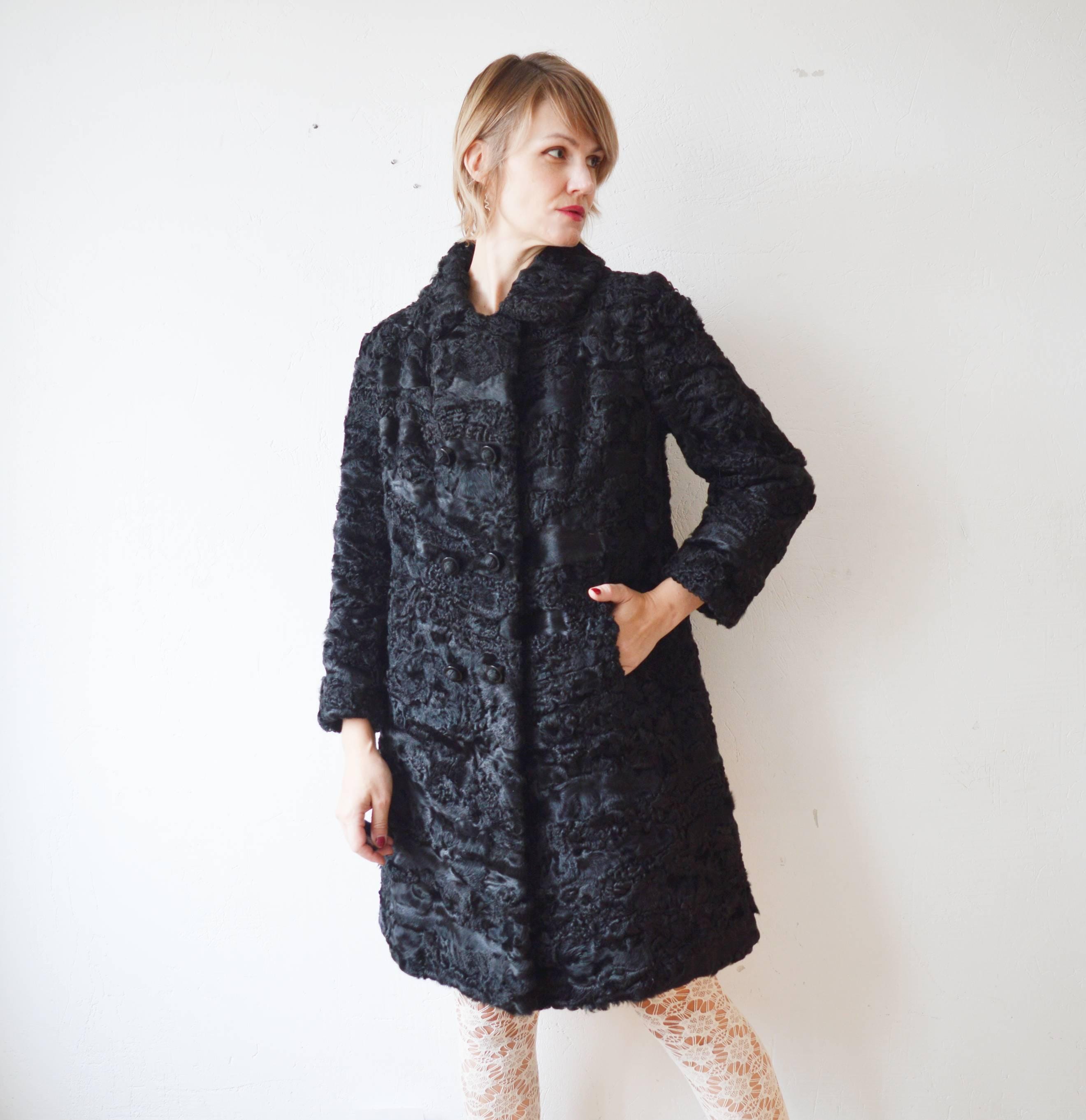 Vintage 60s Black Karakul Curly Lamb Fur Double Breasted A Line