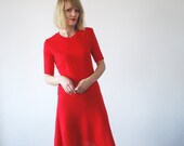 60s 70s knit dress. bright coral red dress. 70s midi dress - small to medium
