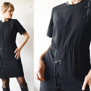 80s 90s smart black asymmetric button front knee length dress - medium
