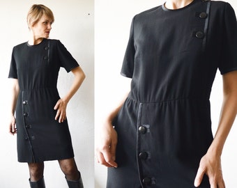 80s 90s smart black asymmetric button front knee length dress - medium