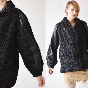 Vintage 60s 70s cropped black fur coat with leather panels. curly lamb karakul fur winter coat - medium to large
