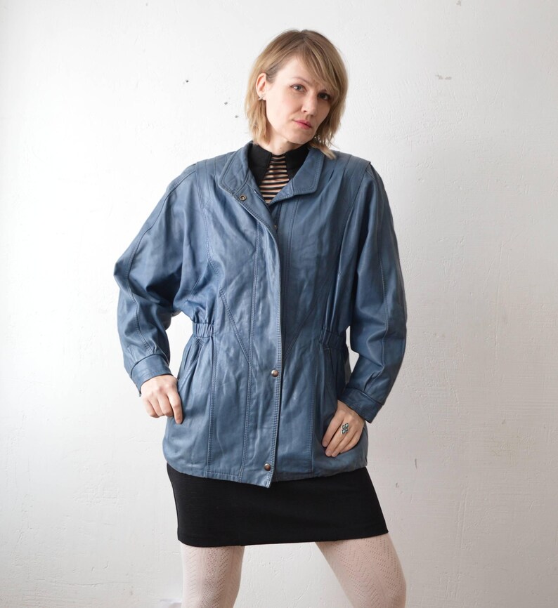 80s slouch distressed blue leather jacket - M image 5