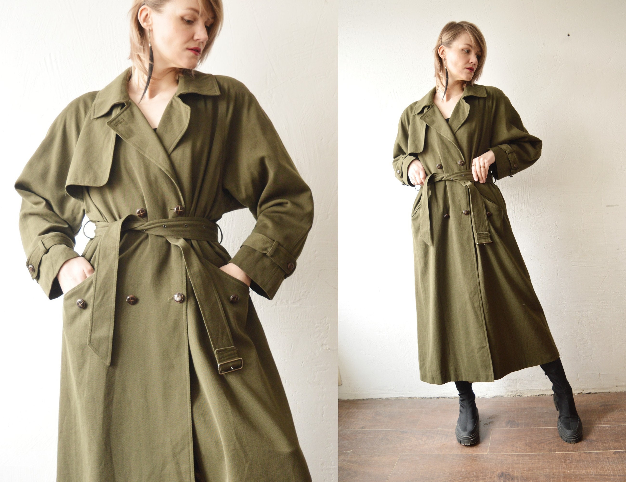 【激レア】◎90s◎Vintage◎ロングコート◎緑◎ピーチスキン◎雰囲気抜群◎ 80s 90s Angela Luz Khaki Green Long Oversized Wool Blend Trench