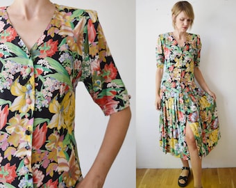 Vintage 90s Vintage Maxikleid mit weitem Schlitz zum Knöpfen - medium