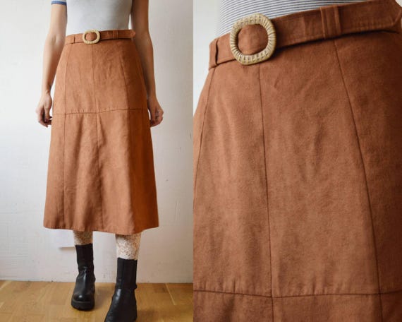 80s Faux Micro Suede Rustic Brown A Line Midi Skirt With Woven