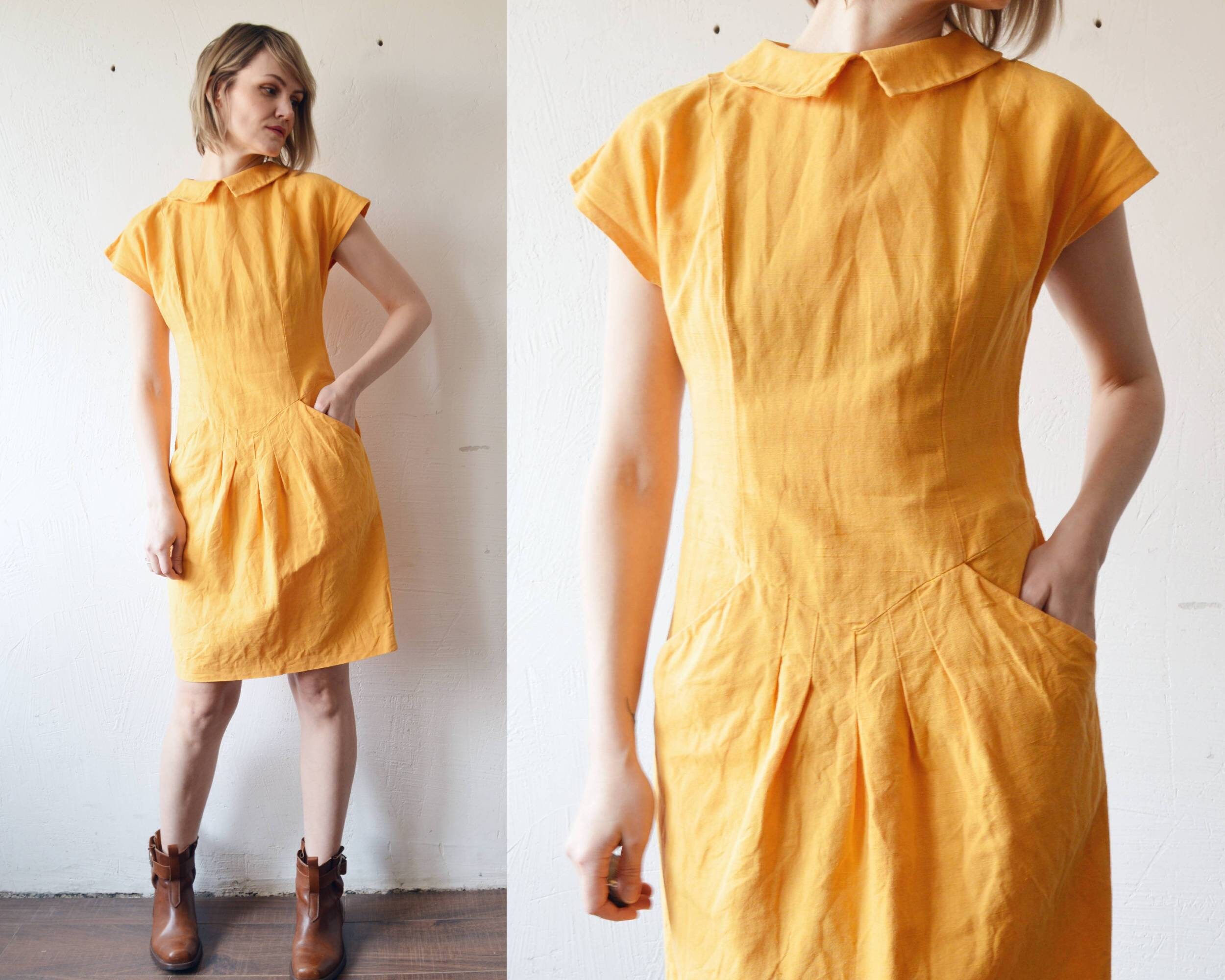 【関税&送料込】Ami Pastel Yellow Wool Shirt Dress Vintage Egg Yolk Yellow Linen Knee Length Summer Dress