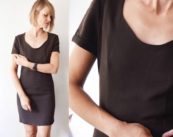 Vintage dark chocolate brown smart casual mini dress. sheath dress - small