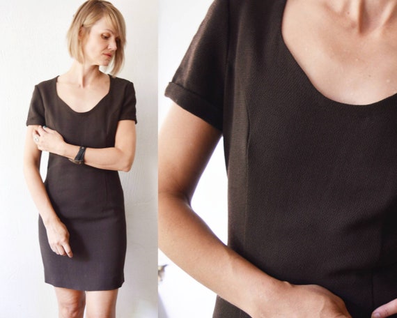 smart casual mini dress Vintage Dark Chocolate Brown Smart Casual Mini Dress. Sheath Dress - Small