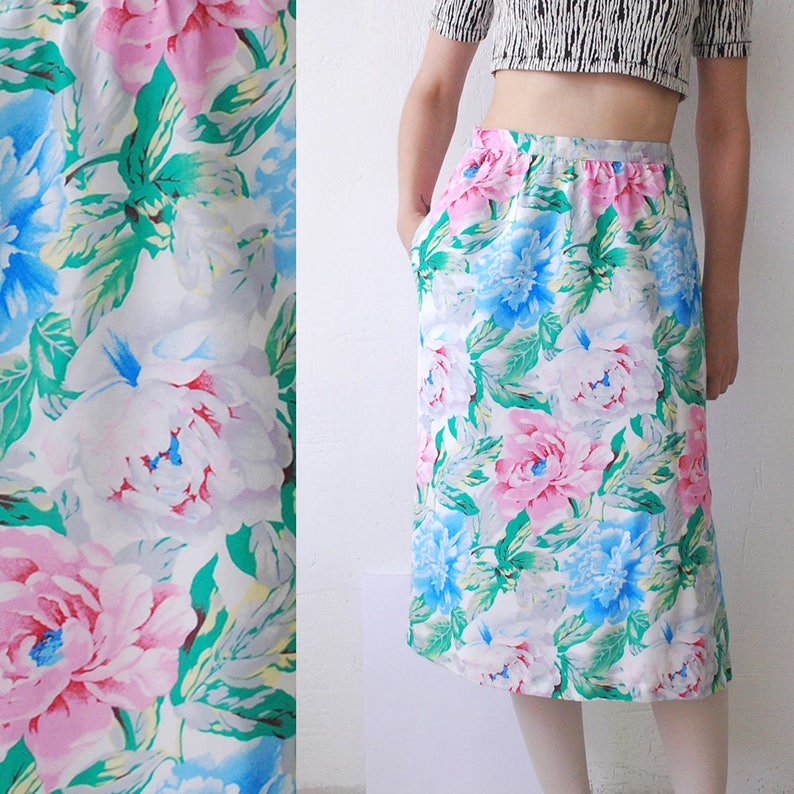 medium peony print pencil skirt floral summer skirt 80s pastel floral skirt knee length skirt