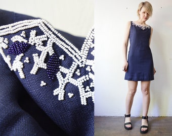 60s vintage linen blend navy beaded neckline sleeveless shift dress - small