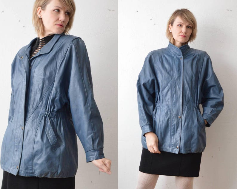 80s slouch distressed blue leather jacket - M image 1