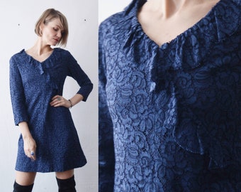 60s blue lace ruffle neck a line mini dress - medium