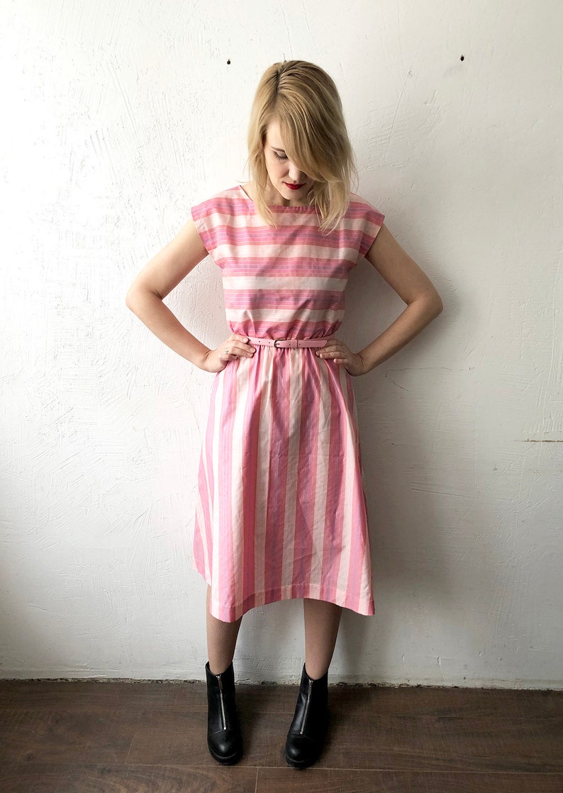 belted summer dress small to medium 60s 70s candy pink stripe dress with belt