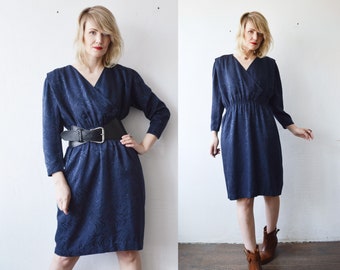 80s French designer COURREGES dress. navy silk dress. knee length dress - large, xl