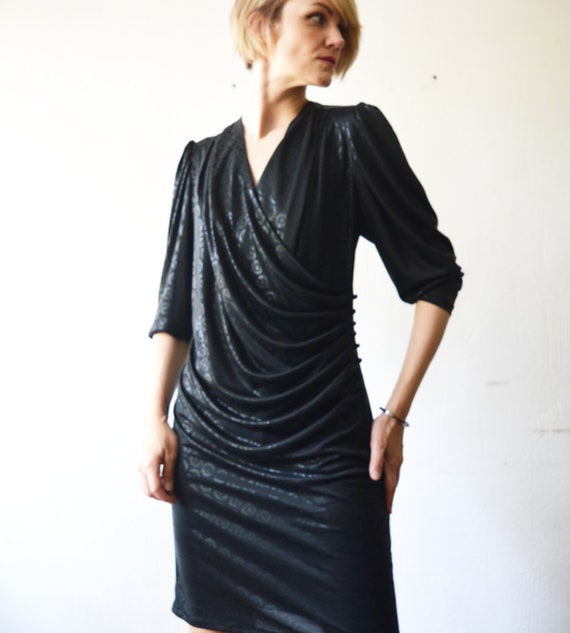 80s black draped wet look party mini dress. deep … - image 4