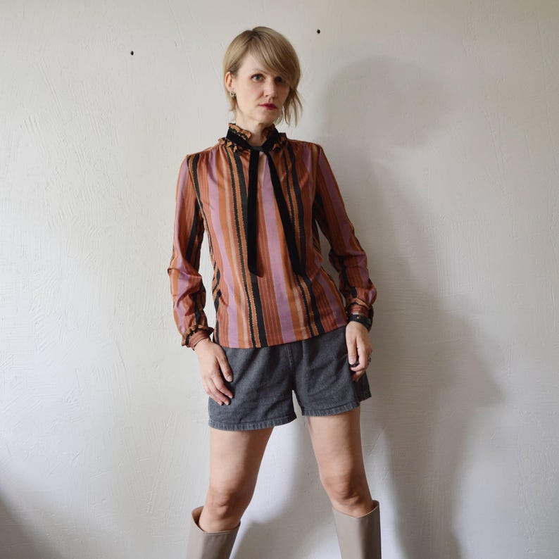 70s Victorian Revival Striped Ruffle Neck Blouse With Velvet Ties ...