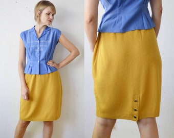 Vintage mustard yellow soft wool blend knit tulip knee length skirt - large