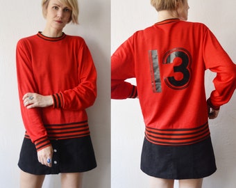 70s 80s red slouch athletic sweater with black number 13 on the back - large