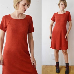 Vintage dark orange knit linen mini midi summer dress - small to medium