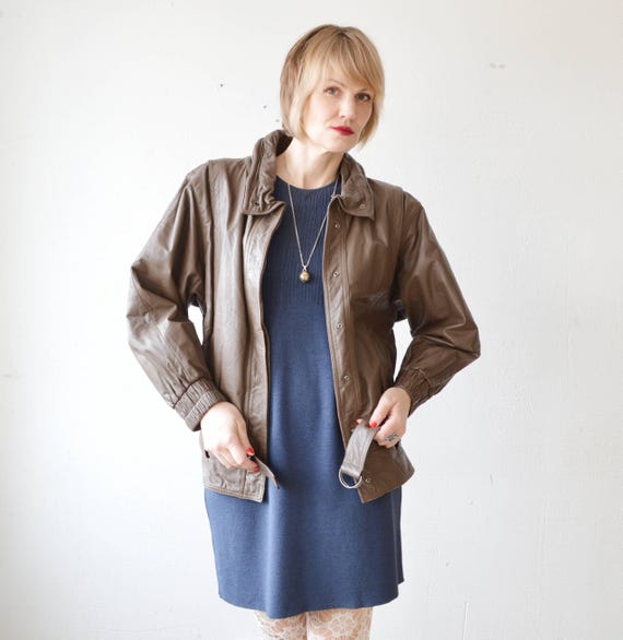 80s Betty Barclay Taupe Leather Bomber Jacket With Belted Hem