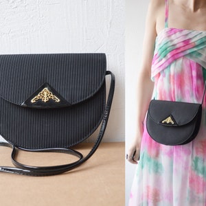 80s black elegant half moon shoulder bag. canvas and faux patent leather opera bag