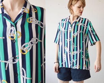 Vintage 80s oversized nautical rope print short sleeve blouse shirt - XL