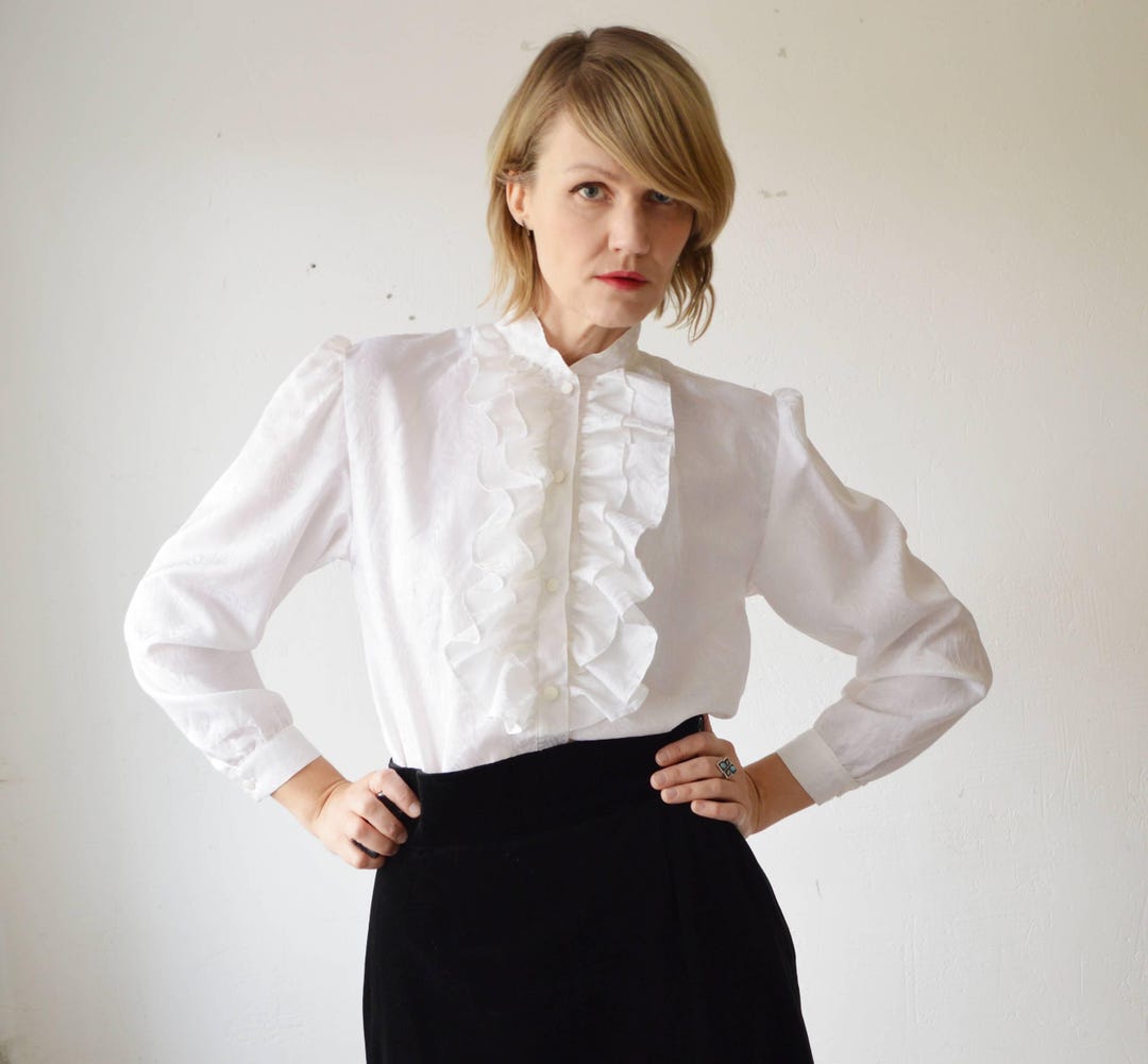 80s White Ruffle Front Blouse - M - Etsy Australia