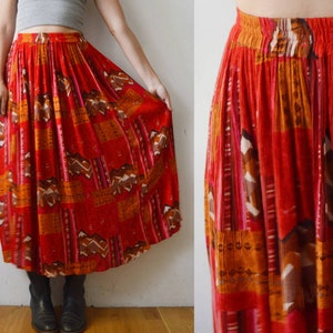 90s red patterned ruched boho full maxi skirt with elastic waist - free size