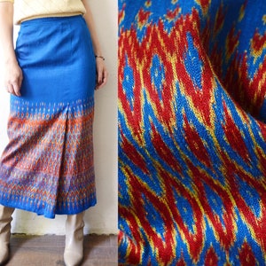 60s 70s bright blue woven patterned tribal folk style maxi skirt with faux slit - medium