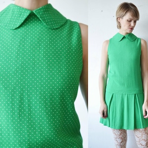 60s green polka dot Peter Pan collar drop waist mini dress