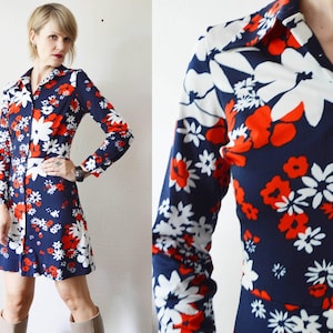 70s floral boho hippie long sleeve button front mini dress - small to medium