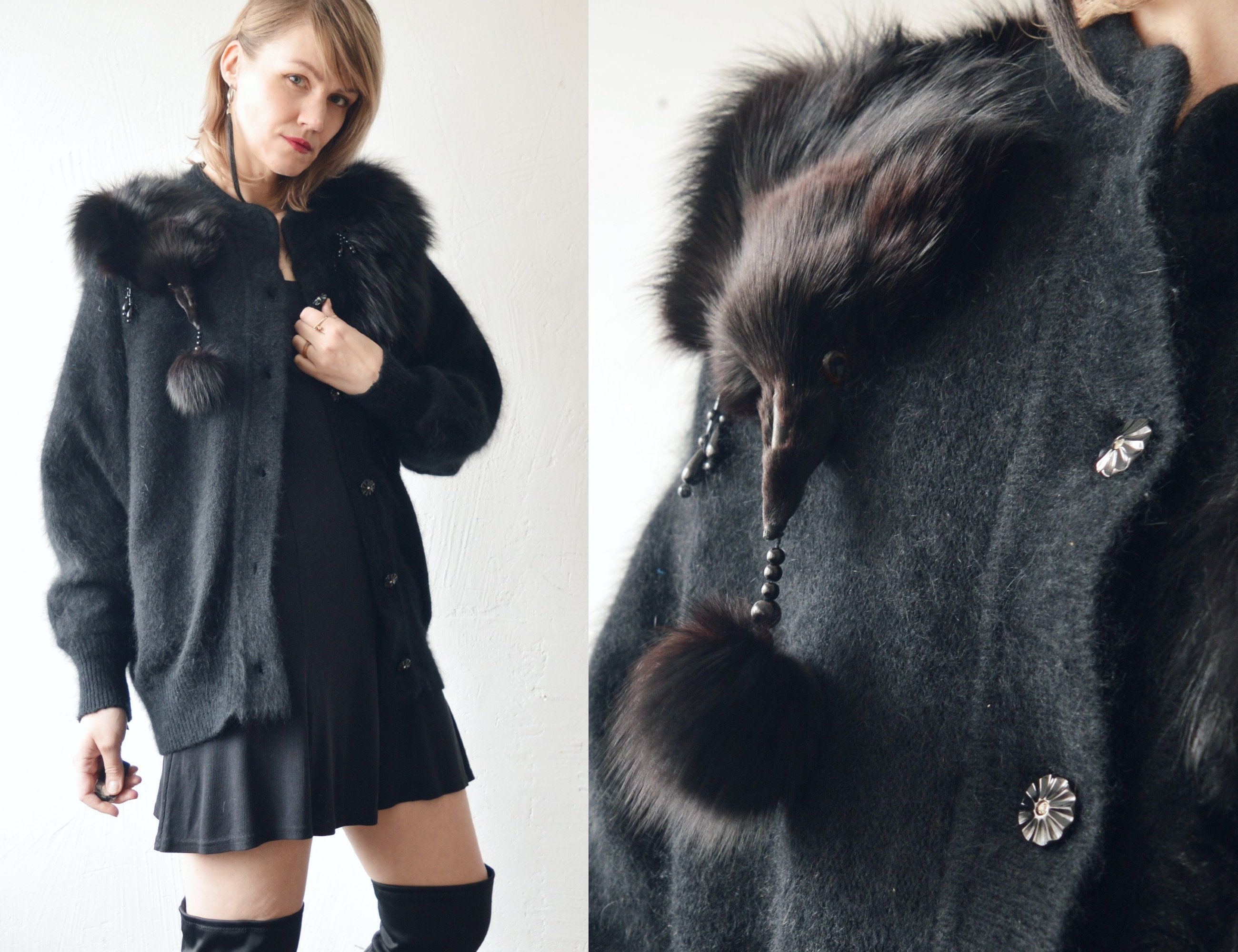 Women's Faux Fur Trim Cardigan Sweater in Black Size Large | Chico's