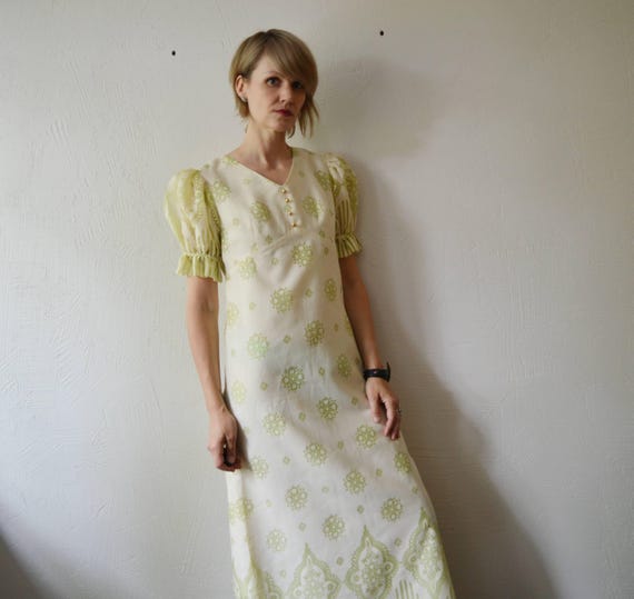 60s 70s Pastel Cream and Green Puff Sleeve Empire Maxi Dress - Medium