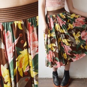 80s 90s high waist full floral print summer midi skirt - small to medium