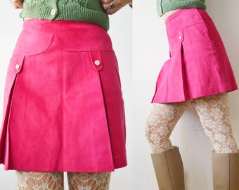 60s bright pink pleated suede leather mini skirt - medium