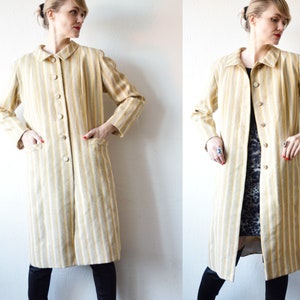 80s vintage woven cream and yellow stripe long straight oversized wool spring coat. women's coat - medium