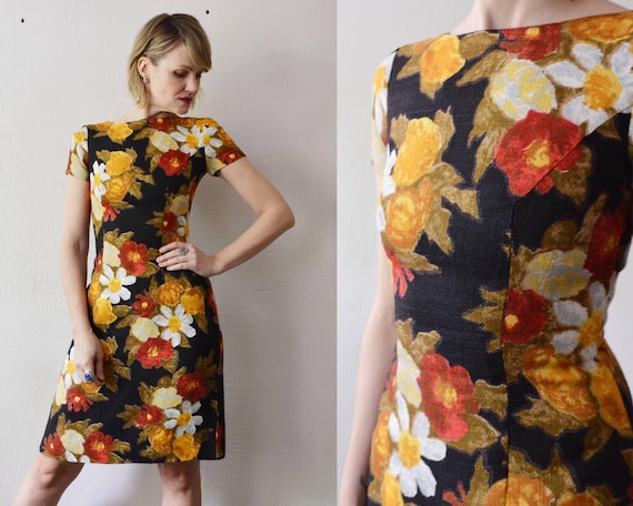 60s Woven Floral Shift Dress - Xs, Small - Etsy