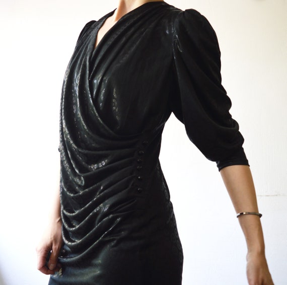 80s black draped wet look party mini dress. deep … - image 8